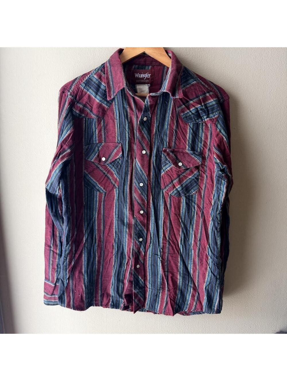 Vintage 90s Wrangler Burgundy Striped Pearl Snap Flannel L
